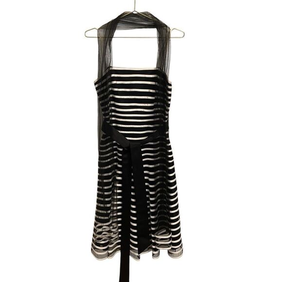 Cachet Vintage 90's Mesh Striped A Line Spaghetti Strap Dress w/ Scarf Size 10 - Picture 1 of 6